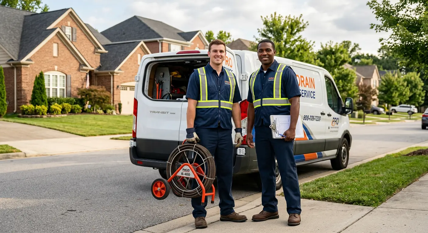 Sewer and drain service team with equipment ready for work in Frederick