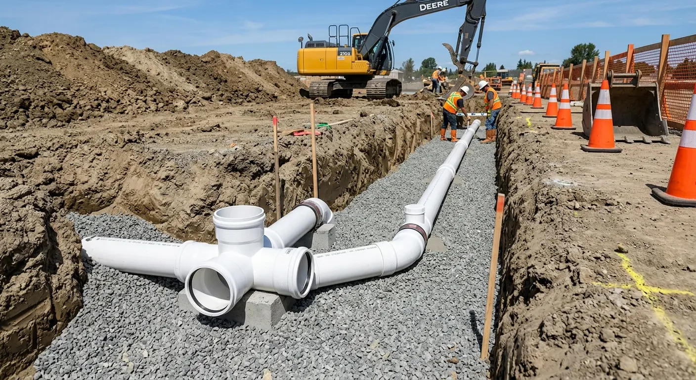 New PVC sewer pipe installation in open trench for Grease Trap Cleaning in Frederick
