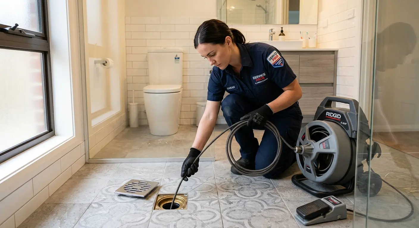 Technician clearing a bathroom floor drain for Clogged Drain Repair in Frederick